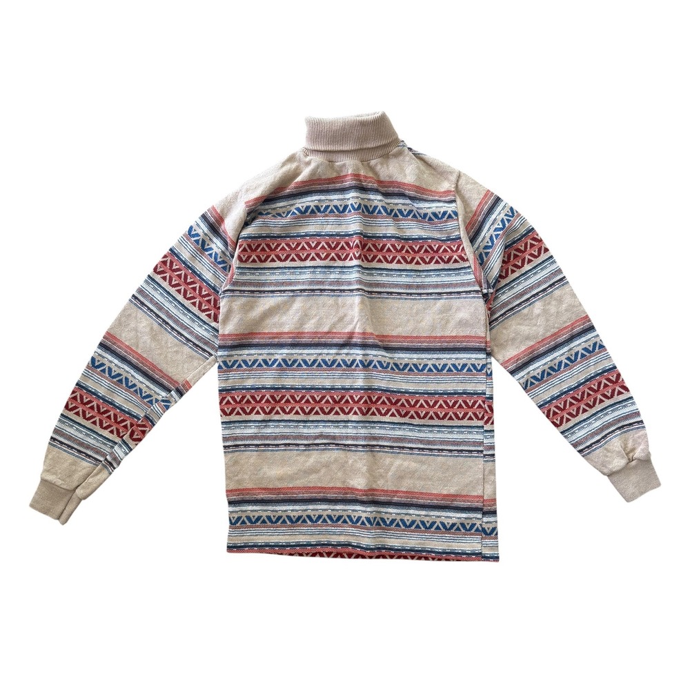 Donmoor Vintage 70s Aztec Knit Mock Neck Turtleneck Shirt Small Tan Red Blue